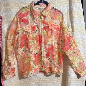 Keneth Too! Tropical Sheer Zip Blouse | Multicolor Leaf Print | Size 1X